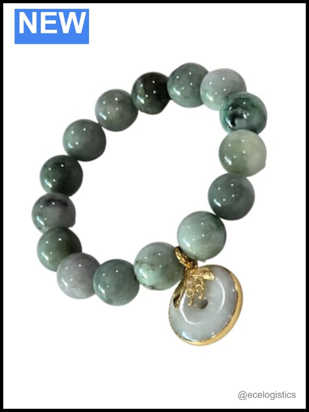 Natural Jade Bracelet with 18K Gold-Plated Charm Stretch Bangle Gift Box